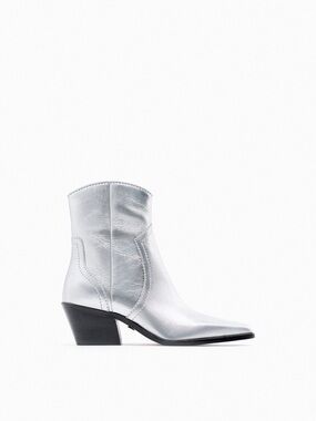 Zara Silver Leather Cowboy Pointed Toe Mid-Calf Zip Ankle Boots 39